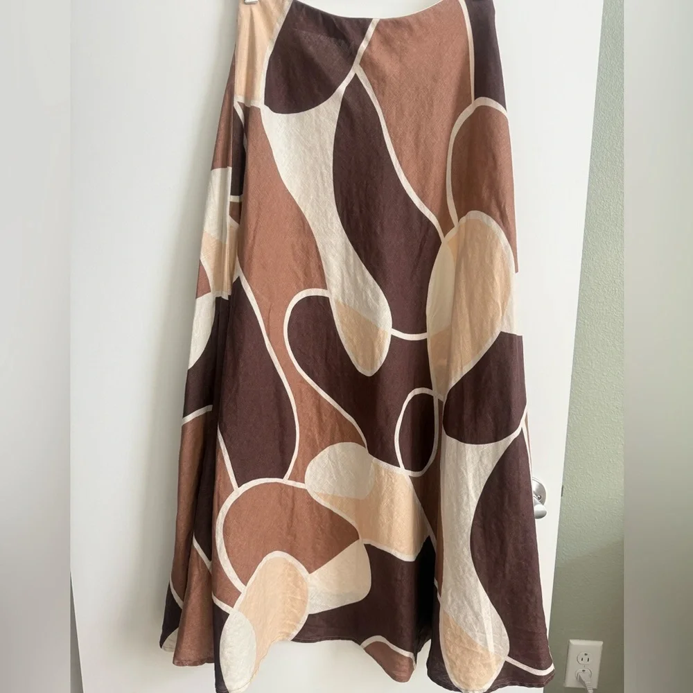 SEED HERITAGE Linen Skirt Abstract Brown Printed Skirt Size 10